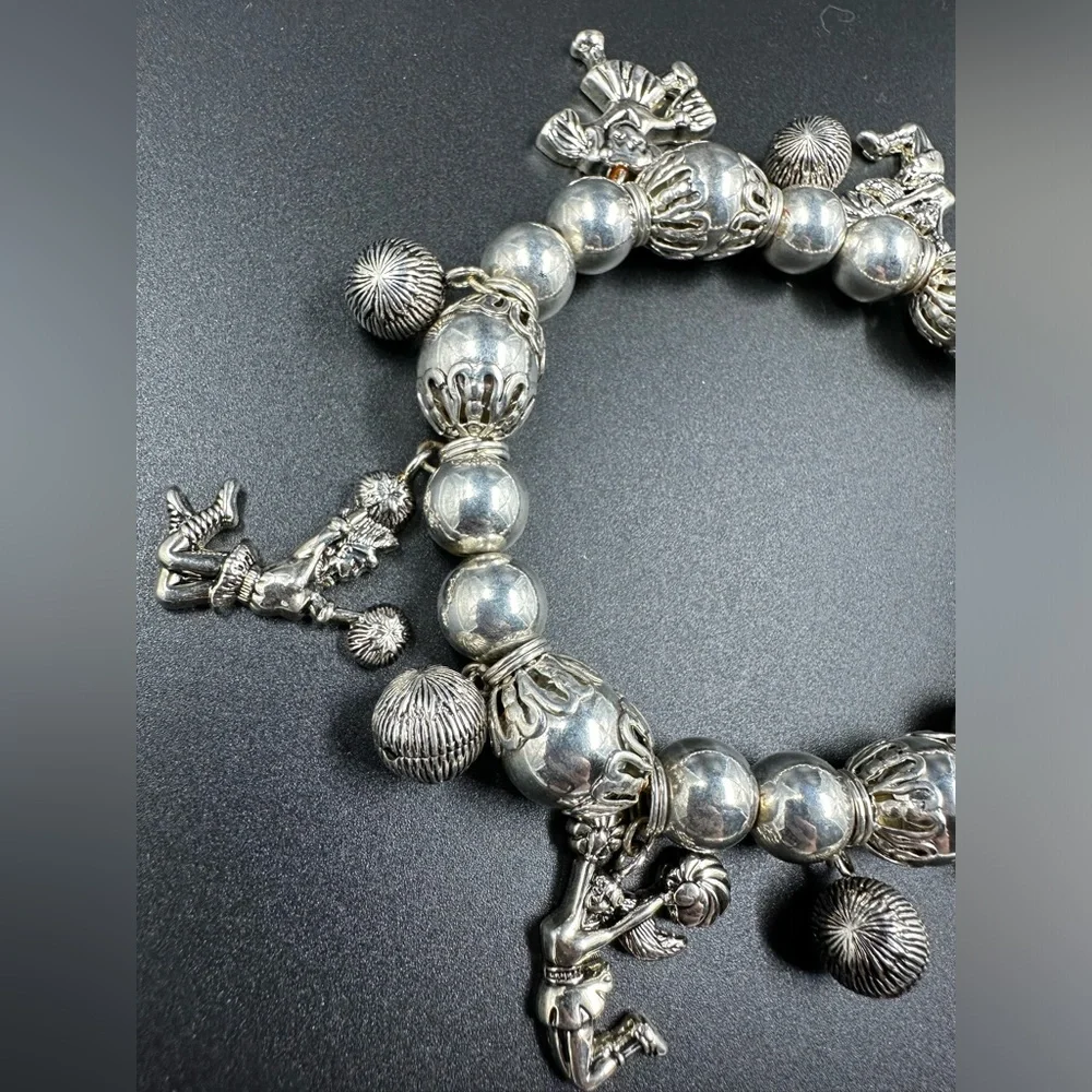 Best Signed Vintage Silver Cheer Leader Ornate Beaded stretch Charm Bracelet